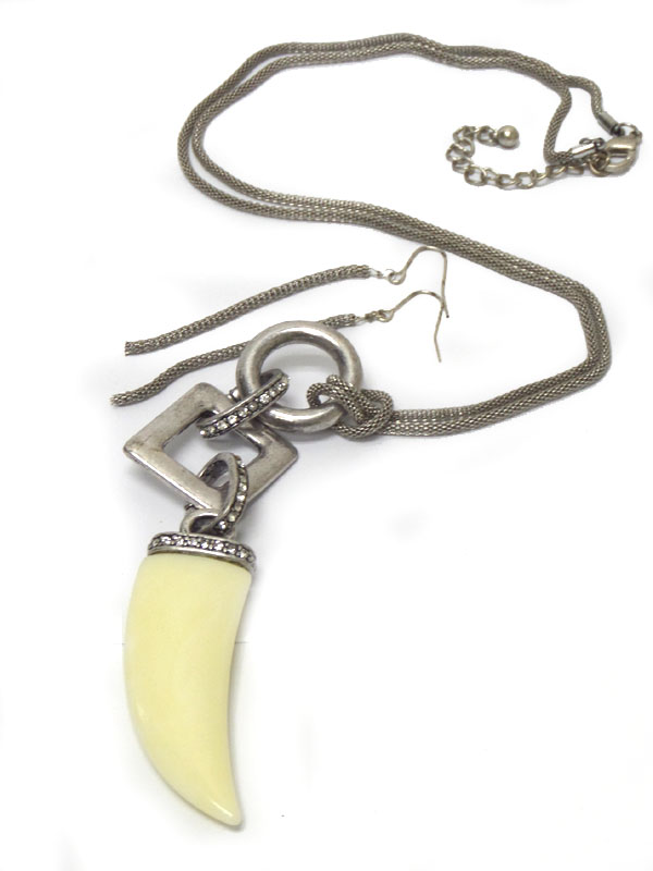 Formica horn pendant crystal link long necklace earring set