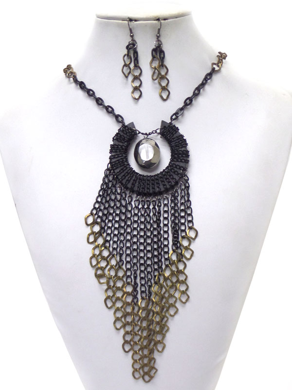 Wood donut and multi chain drop necklace earring set