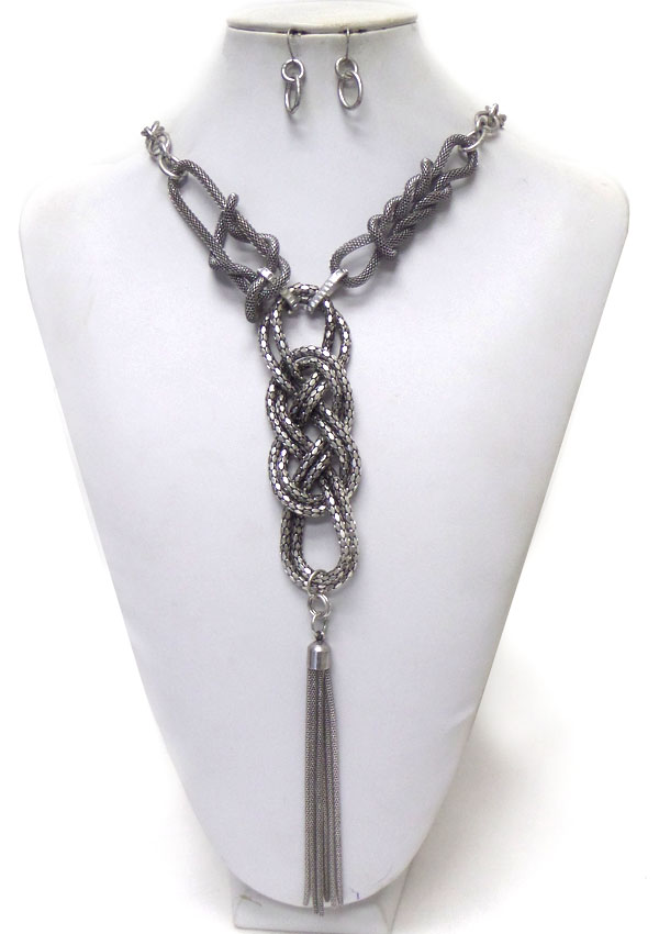 Braided metal tube chain long necklace earring set