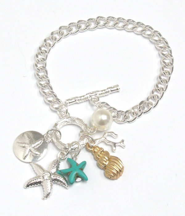 Starfish and shell charm toggle bracelet