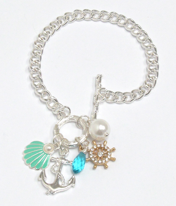 Anchor and wheel charm toggle bracelet