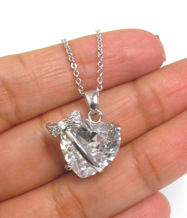 CUBIC ZIRCONIA HEART AND BOW PENDANT NECKLACE -valentine