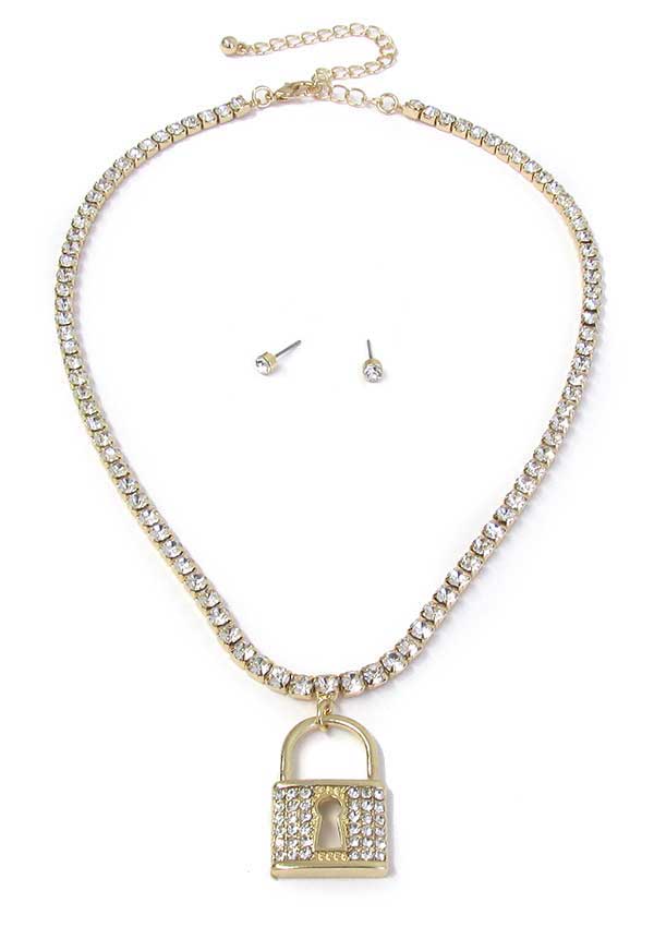CRYSTAL LOCK PENDANT AND CRYSTAL CHAIN NECKLACE SET