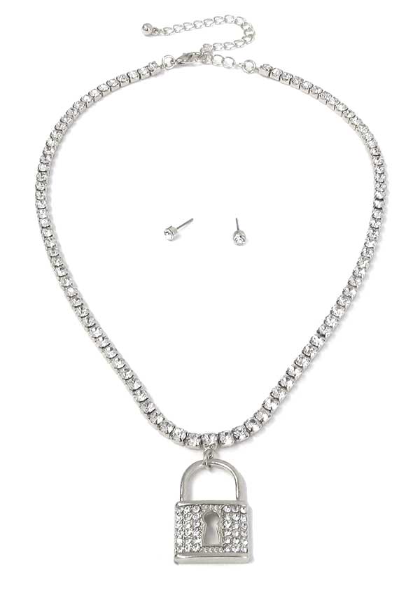 CRYSTAL LOCK PENDANT AND CRYSTAL CHAIN NECKLACE SET