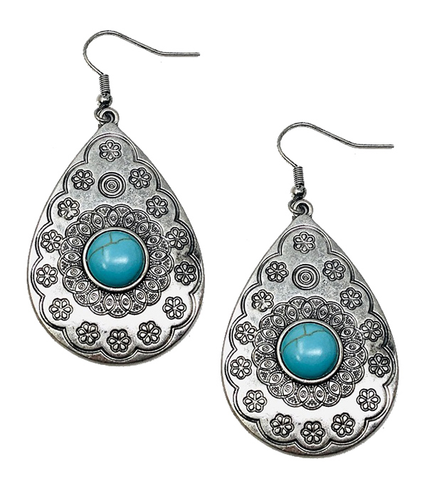 TURQUOISE CENTER METAL TEARDROP EARRING