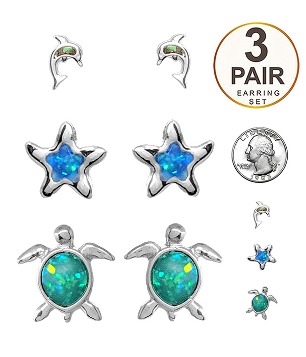 SEALIFE THEME 3 PAIR OPAL EARRING SET - TURTLE STARFISH DOLPHIN