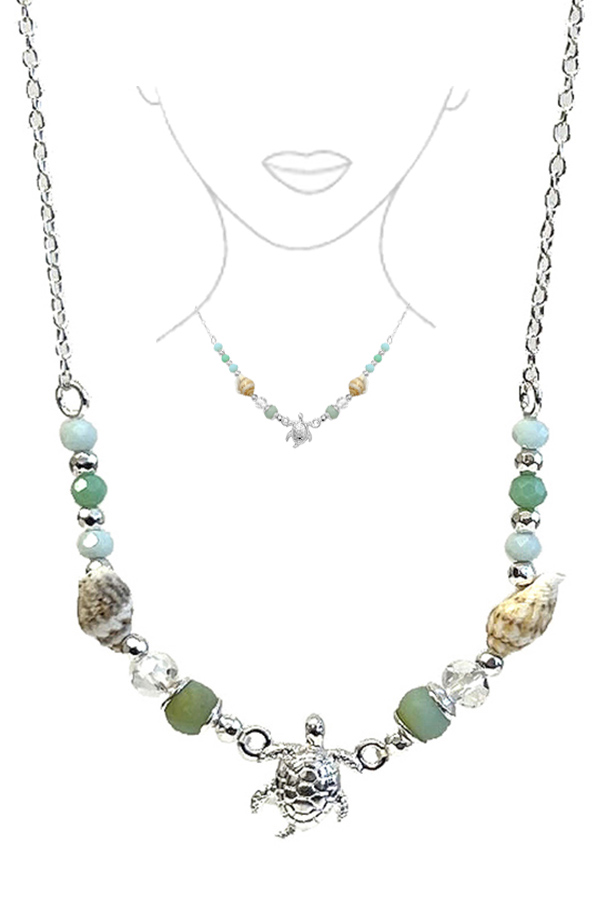 SEALIFE THEME MULTI BEAD AND NATURAL SHELL LINK NECKLACE - TURTLE 