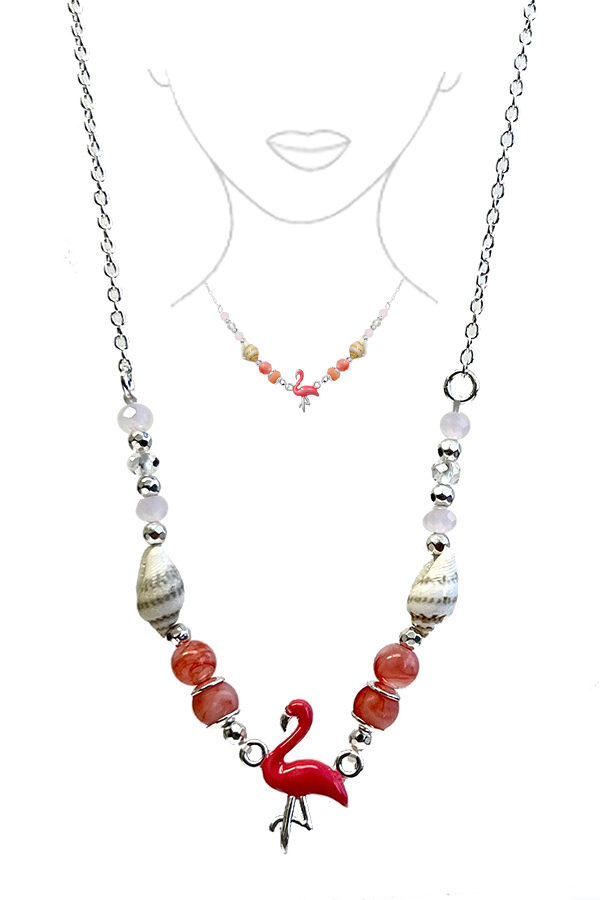 TROPICAL THEME MULTI BEAD AND NATURAL SHELL LINK NECKLACE - FLAMINGO