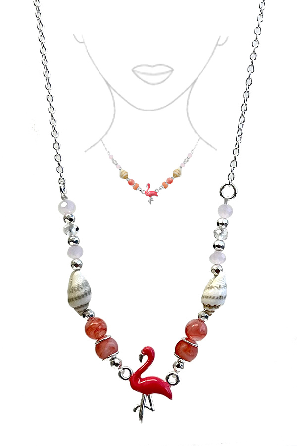 Tropical theme multi bead and natural shell link necklace - flamingo