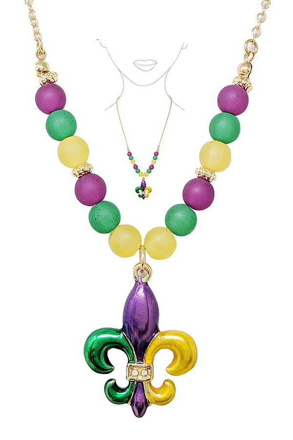 3d epoxy pendant and ball bead chain necklace - mardi gras fleur de lis