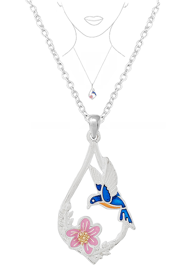 Garden tmene heart pendant necklace - humming bird flower