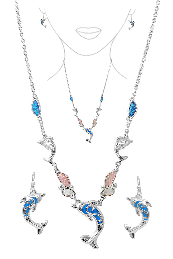 Sealife theme opal pendant necklace set - dolphin