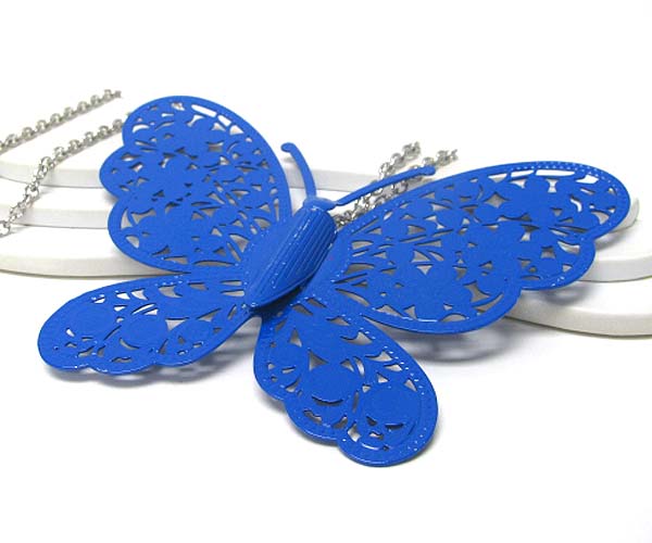 Extra large metal filigree butterfly pendant long necklace