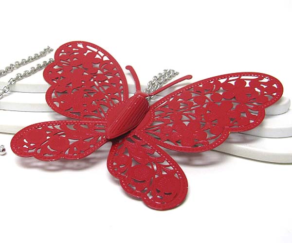 Extra large metal filigree butterfly pendant long necklace