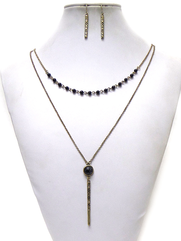 Stones with beads bar drop double layer necklace set
