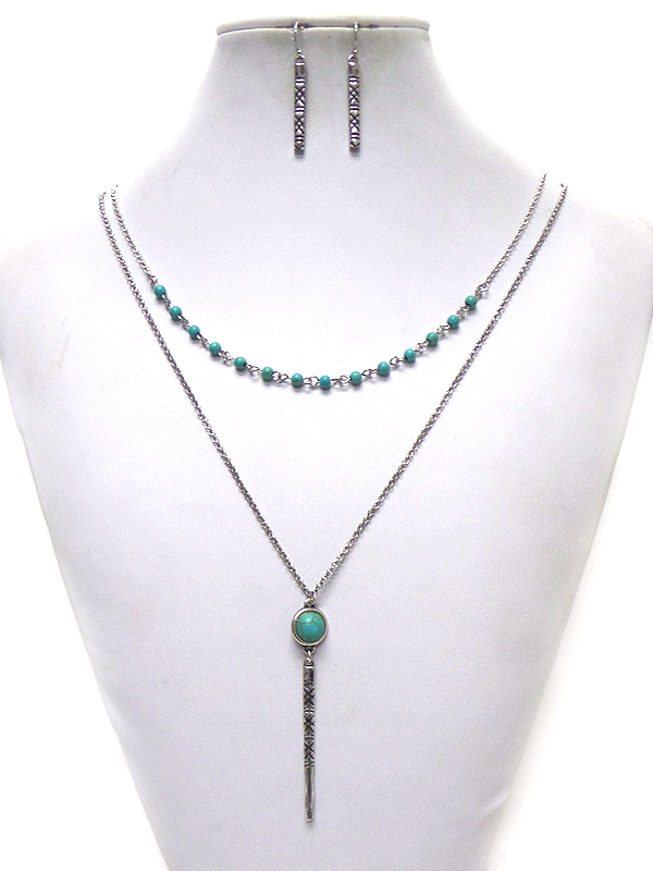 Stones with beads bar drop double layer necklace set