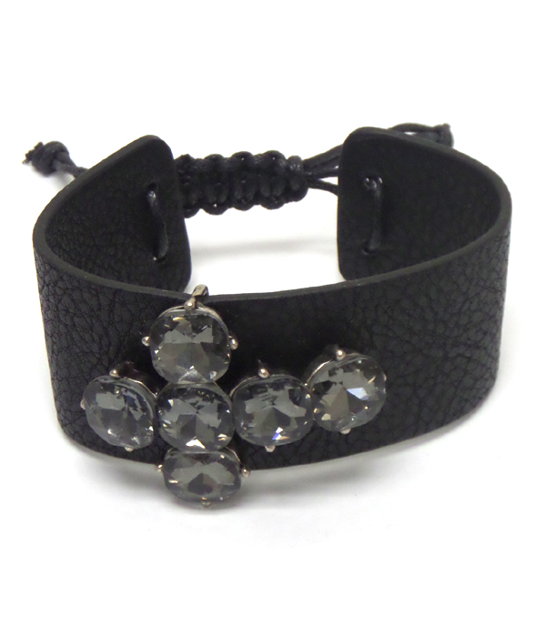 Leather type with cross crystals pull and tie bracelet 