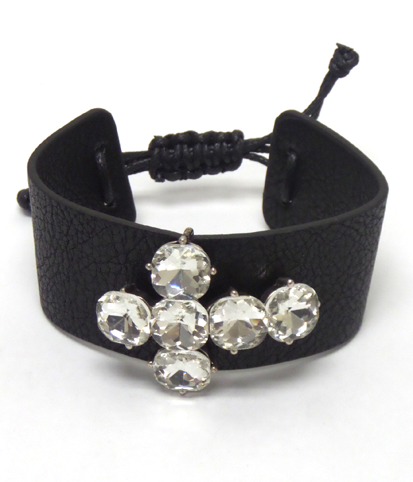 Leather type with cross crystals pull and tie bracelet