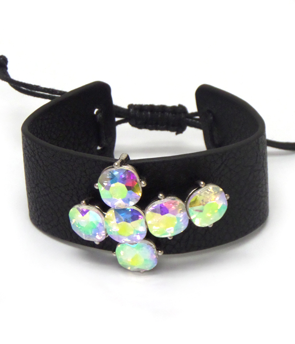 Leather type with cross crystals pull and tie bracelet 