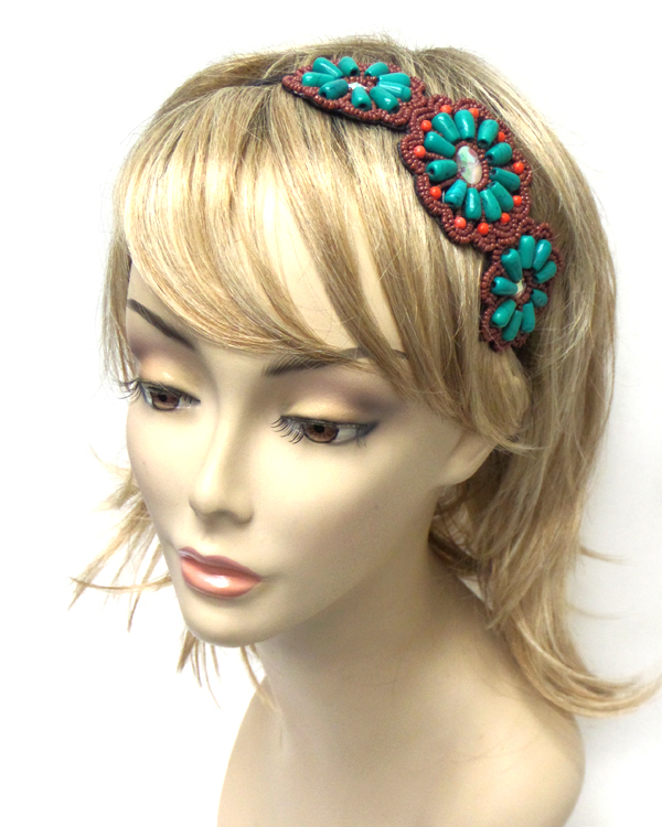 Seed beaded flower with turquoise stone headband 
