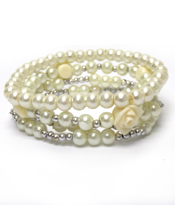 4 piece glass pearls with small roses bracelets