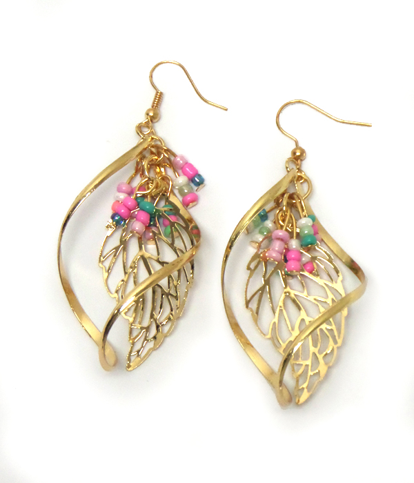 Seedbead and  metal leaves fish hook earrings