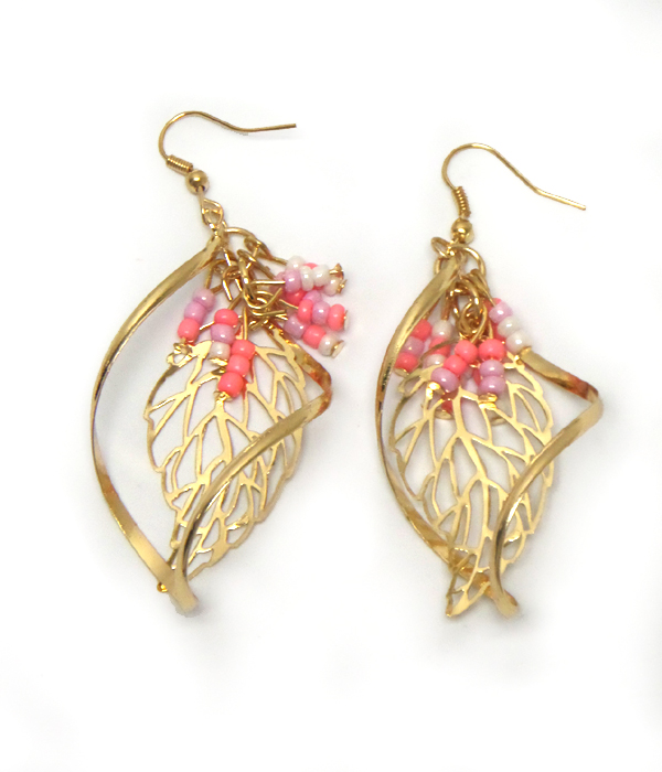 Seedbead and  metal leaves fish hook earrings