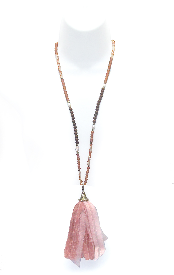 Freshwater pearl and wood mixed bead and fabric tassel pendant long necklace
