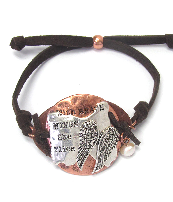 METAL PLATE AND LEATHER SUEDE PULL TIE BRACELET - WINGS