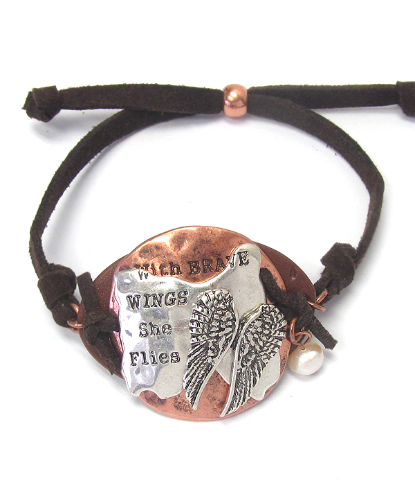 Metal plate and leather suede pull tie bracelet - wings