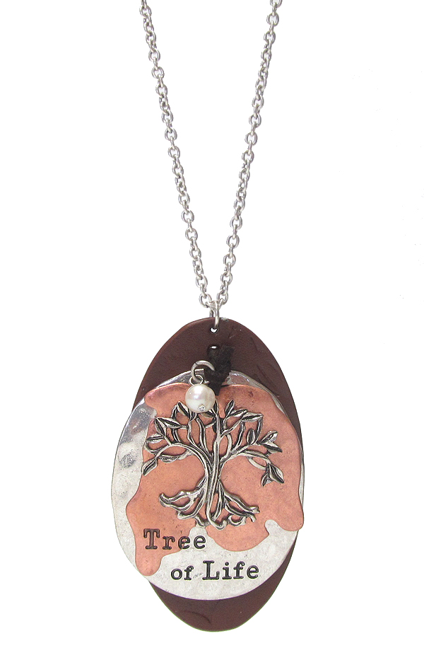LEATHER AND METAL PLATE PENDANT LONG NECKLACE - TREE OF LIFE