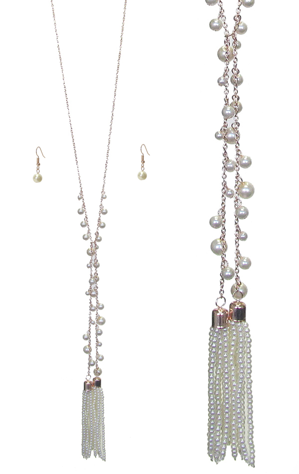 DOUBLE PEARL TASSEL Y SHAPE LONG NECKLACE SET