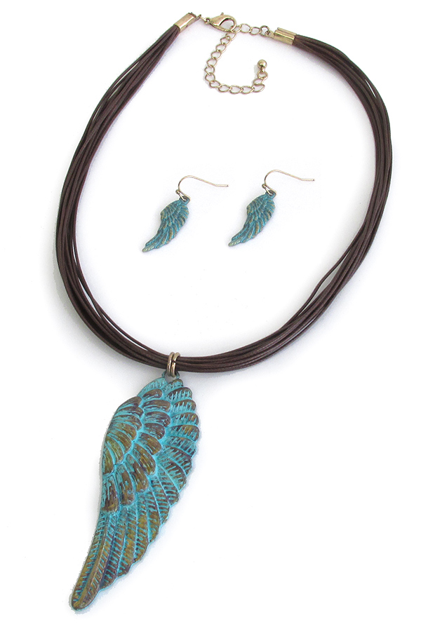 Patina angel wing pendant multi cord necklace set