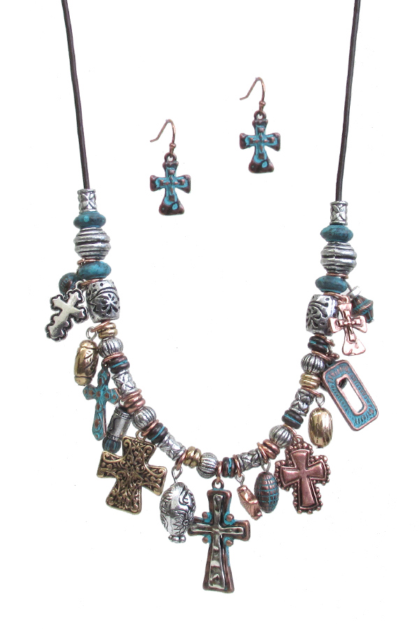 Western theme multi charm dangle necklace set - cross