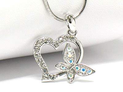 Made in korea whitegold plating crystal open heart with butterfly necklace