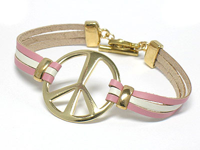 PEACE SYMBOL AND COLOR LEATHER BAND TOGGLE BRACELET