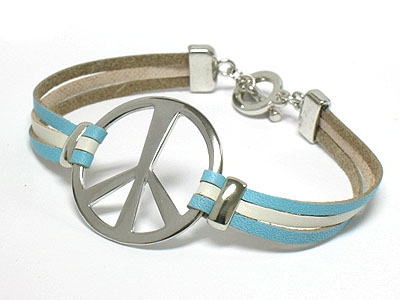 PEACE SYMBOL AND COLOR LEATHER BAND TOGGLE BRACELET