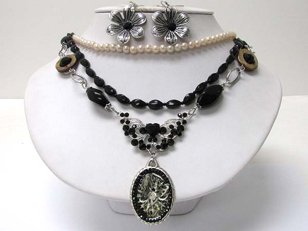 Crystal deco oval pendant triple row beads necklace earring set