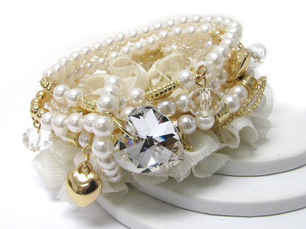 CRYSTAL HEART CHARM MULTI ROW PEARL AND CHIFFON MIXED STREATCH BRACELET