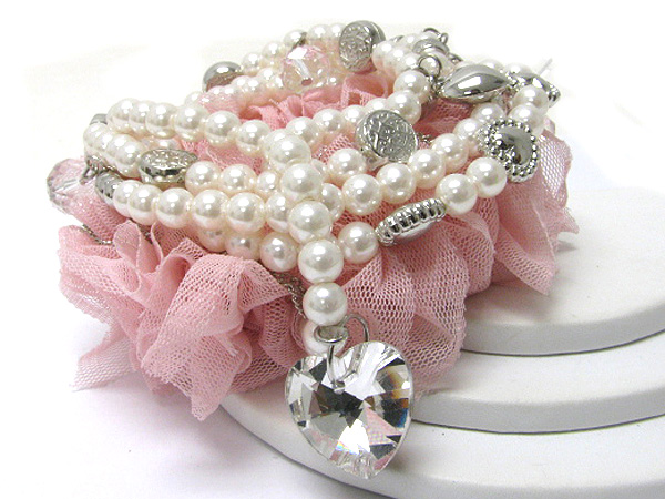 Crystal heart charm multi row pearl and chiffon mixed streatch bracelet