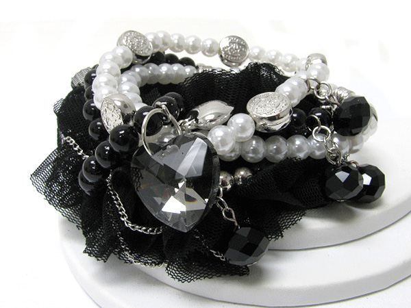 Crystal heart charm multi row pearl and chiffon mixed streatch bracelet