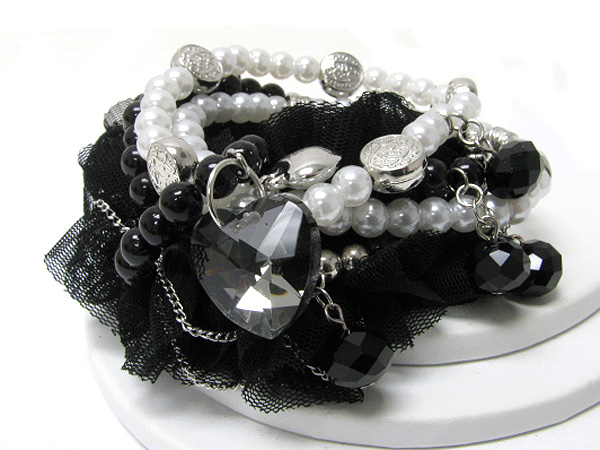 CRYSTAL HEART CHARM MULTI ROW PEARL AND CHIFFON MIXED STREATCH BRACELET