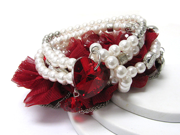 Crystal heart charm multi row pearl and chiffon mixed streatch bracelet