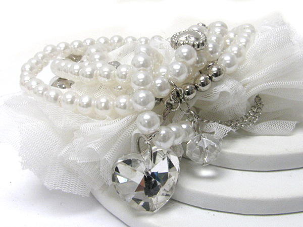 CRYSTAL HEART CHARM MULTI ROW PEARL AND CHIFFON MIXED STREATCH BRACELET