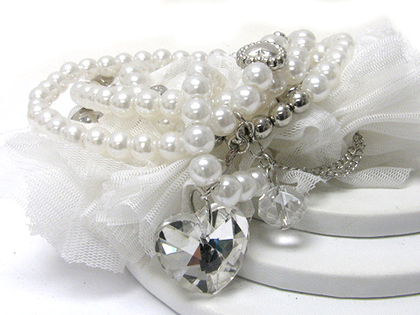 Crystal heart charm multi row pearl and chiffon mixed streatch bracelet