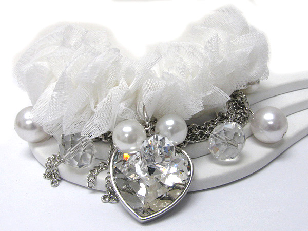 Crystal heart charm and pearl dangle chiffon and metal chain bracelet