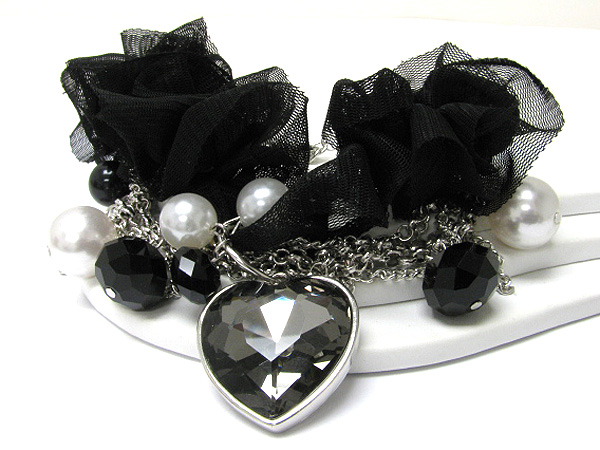 Crystal heart charm and pearl dangle chiffon and metal chain bracelet