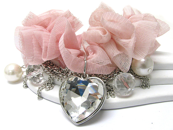 Crystal heart charm and pearl dangle chiffon and metal chain bracelet