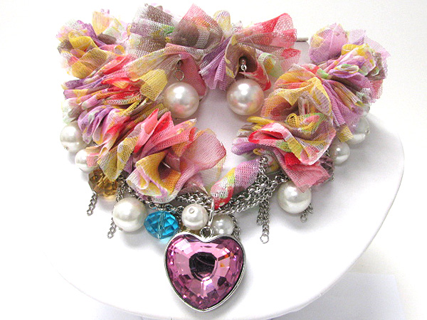 Crystal heart charm and pearl dangle chiffon and metal chain necklace earring set