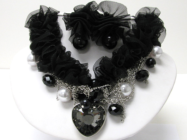 Crystal heart charm and pearl dangle chiffon and metal chain necklace earring set